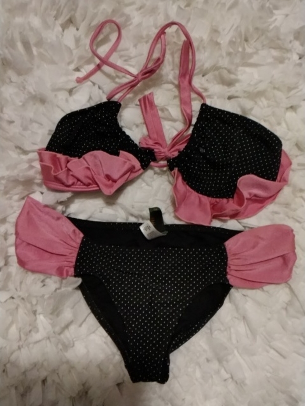 Cove Black & Pink Polka Dot Ruffle Bikini Set